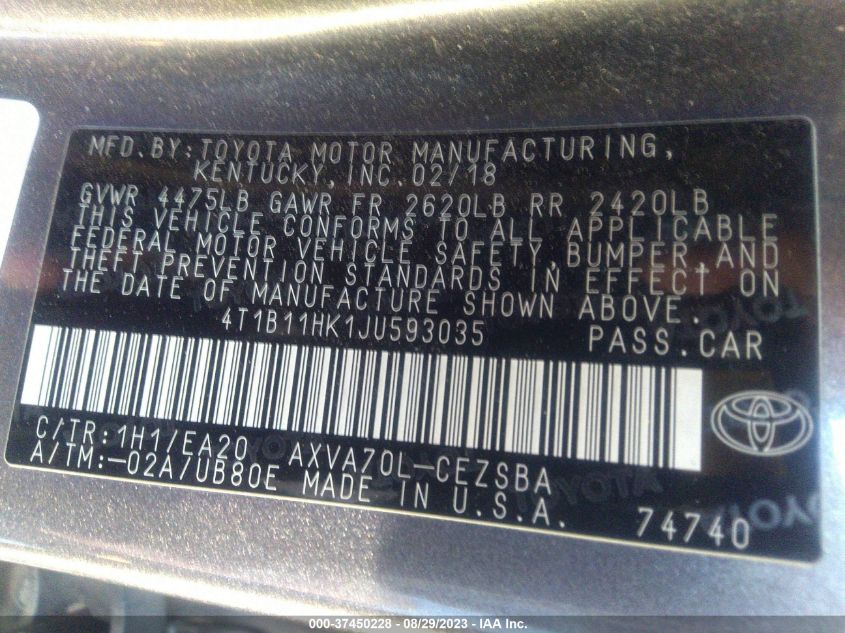 2018 TOYOTA CAMRY LE/SE/XLE/L - 4T1B11HK1JU593035