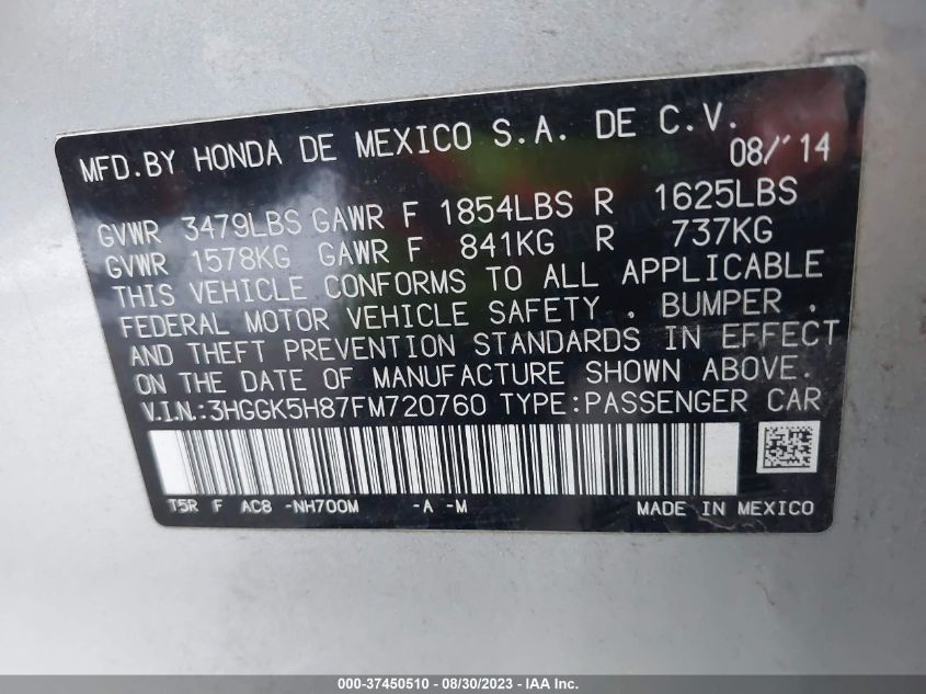 2015 HONDA FIT EX/EXL - 3HGGK5H87FM720760