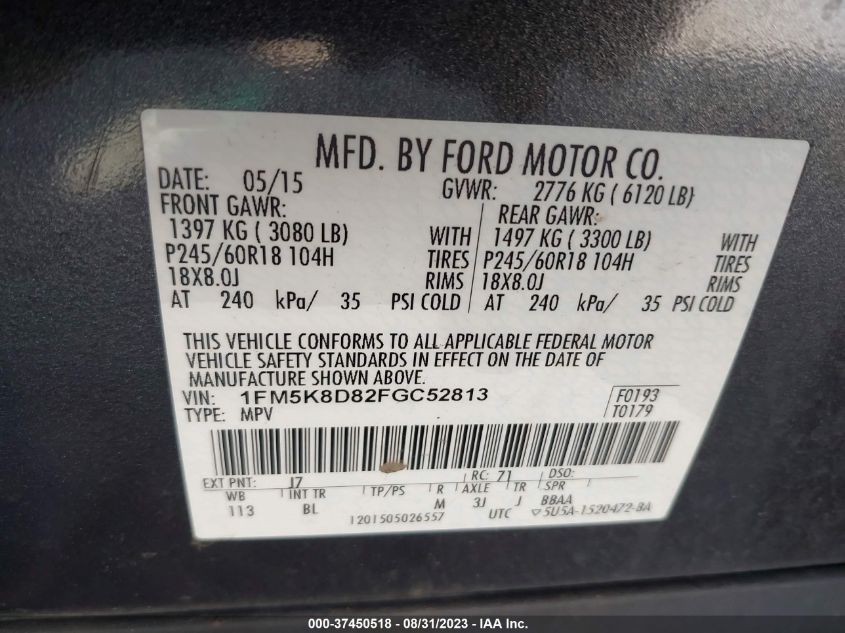 2015 FORD EXPLORER XLT - 1FM5K8D82FGC52813