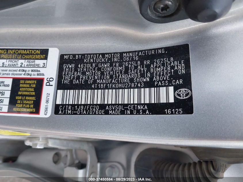 2017 TOYOTA CAMRY LE/XLE/SE/XSE - 4T1BF1FK0HU278743
