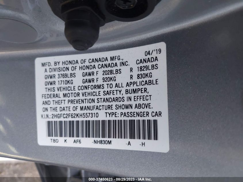 2019 HONDA CIVIC LX - 2HGFC2F62KH557310