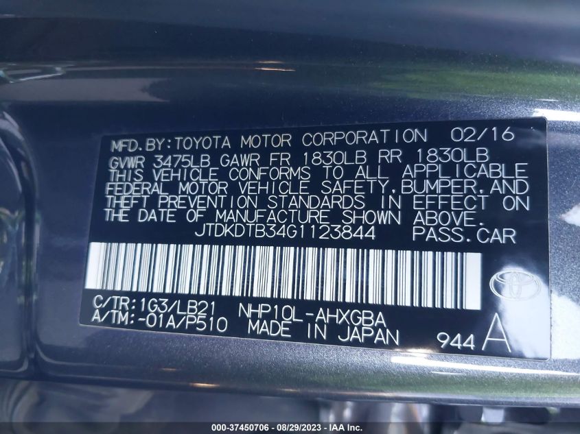 2016 TOYOTA PRIUS C ONE/TWO/THREE/FOUR - JTDKDTB34G1123844