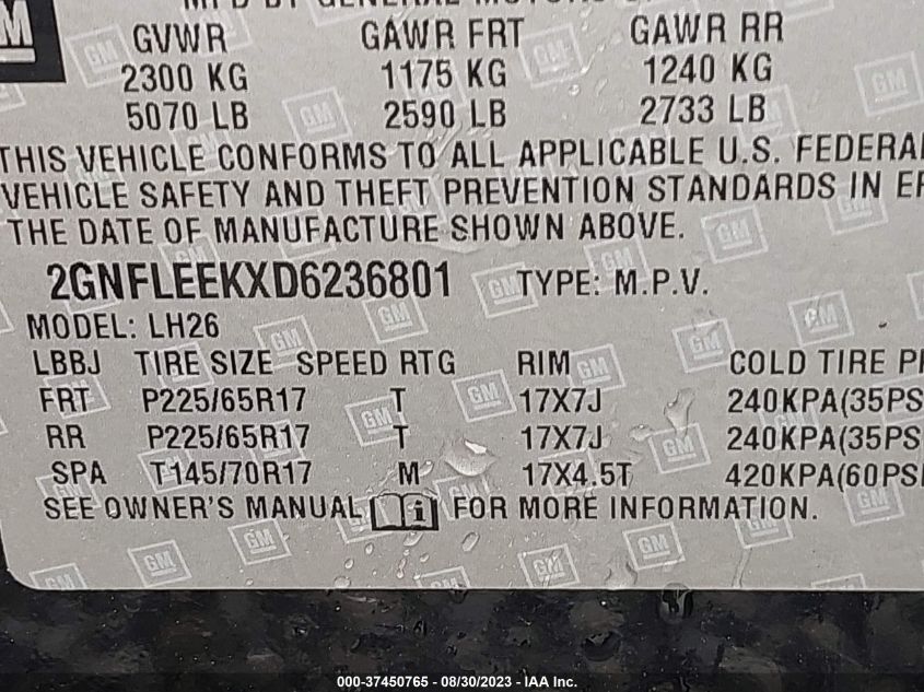 2013 CHEVROLET EQUINOX LT - 2GNFLEEKXD6236801