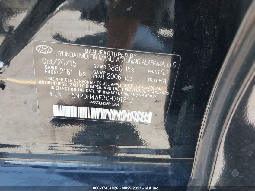 2016 HYUNDAI ELANTRA SE/SPORT/LIMITED - 5NPDH4AE3GH781802