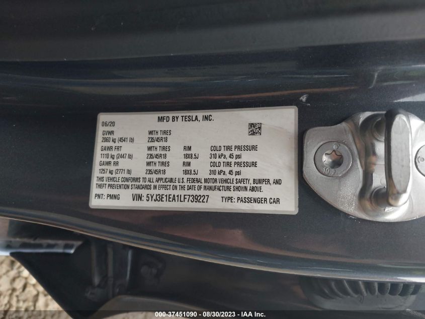 2020 TESLA MODEL 3 STANDARD RANGE - 5YJ3E1EA1LF739227