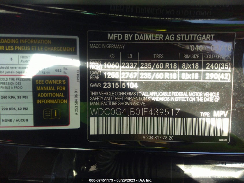 VIN WDC0G4JB0JF439517 2018 MERCEDES-BENZ GLC GLC 300