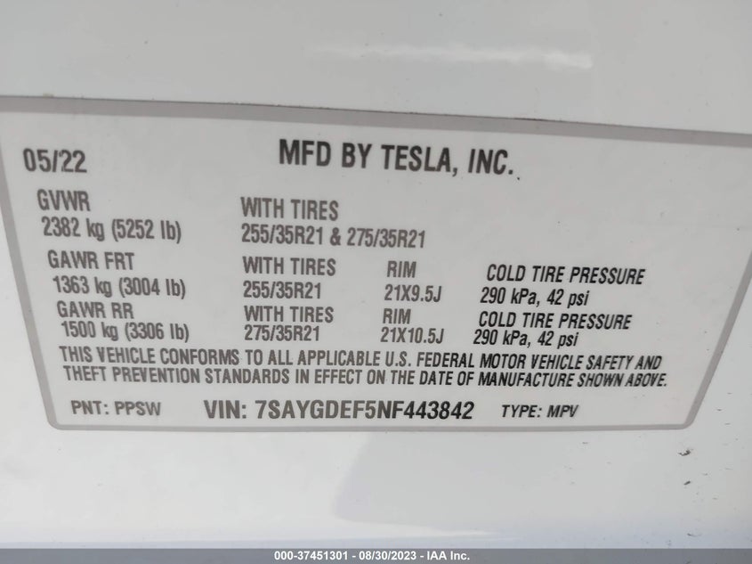 VIN 7SAYGDEF5NF443842 2022 TESLA MODEL Y PERFORMANCE