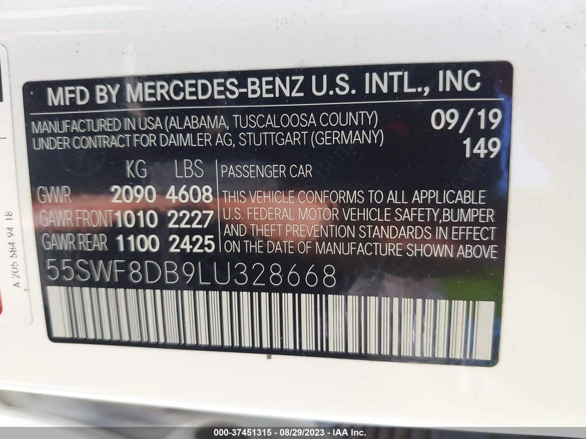 VIN 55SWF8DB9LU328668 2020 MERCEDES-BENZ C-CLASS C 300