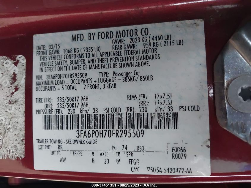 2015 FORD FUSION SE - 3FA6P0H70FR295509