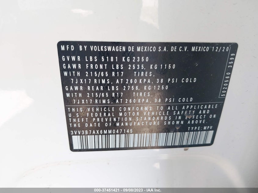 VIN 3VV3B7AX6MM047145 2021 VOLKSWAGEN TIGUAN SE/SE R-LINE BLACK/SEL