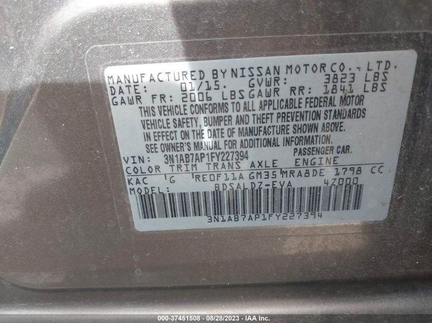 2015 NISSAN SENTRA SR/SL/S/SV/FE+ S - 3N1AB7AP1FY227394