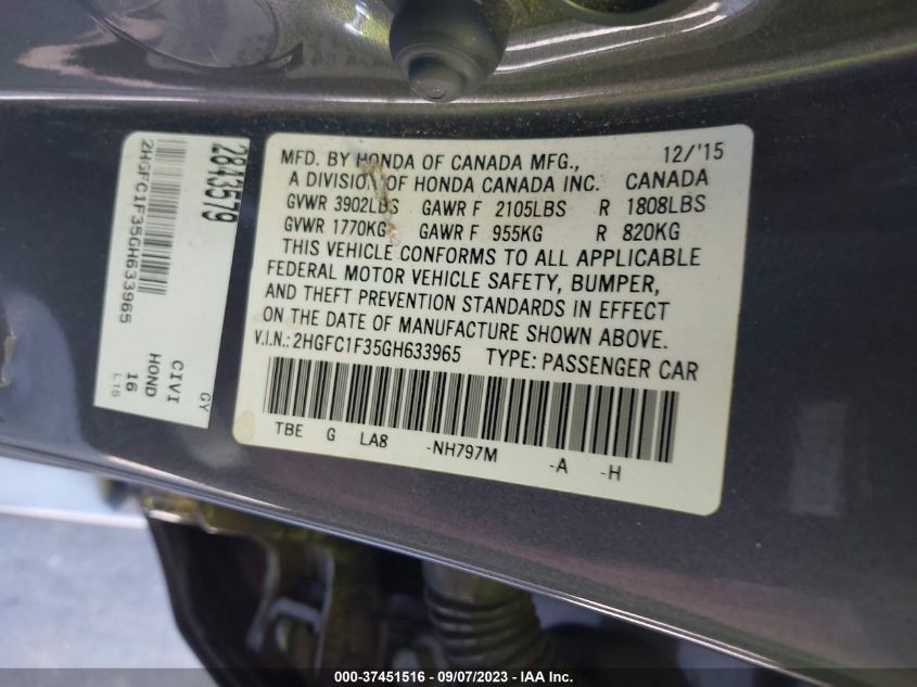 2016 HONDA CIVIC SEDAN EX-T - 2HGFC1F35GH633965