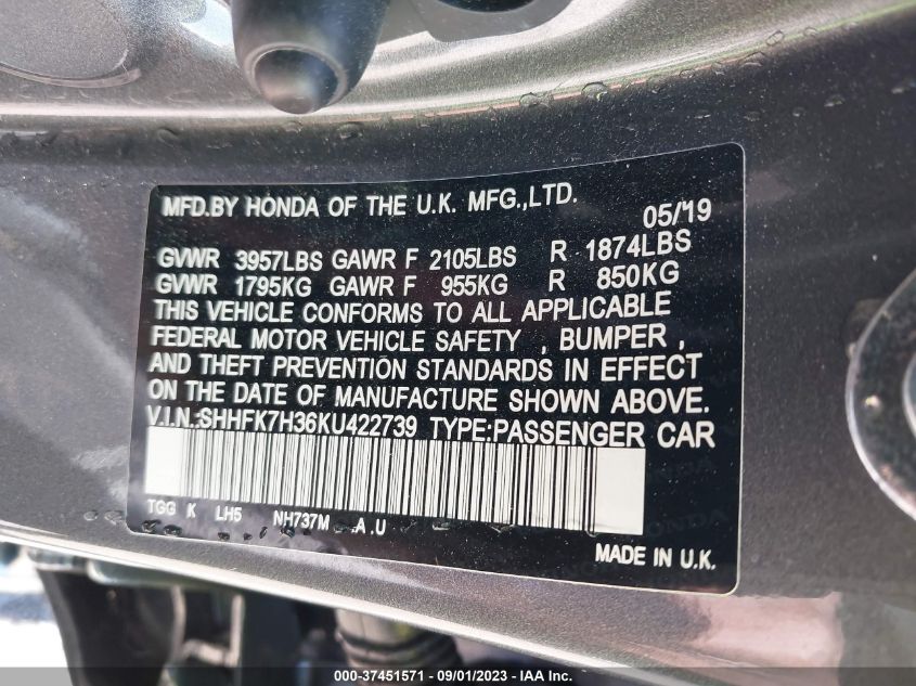 2019 HONDA CIVIC HATCHBACK LX - SHHFK7H36KU422739
