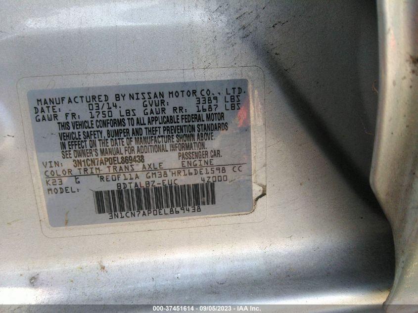 2014 NISSAN VERSA SV - 3N1CN7AP0EL869438