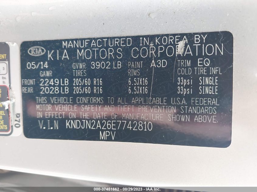 2014 KIA SOUL BASE - KNDJN2A26E7742810