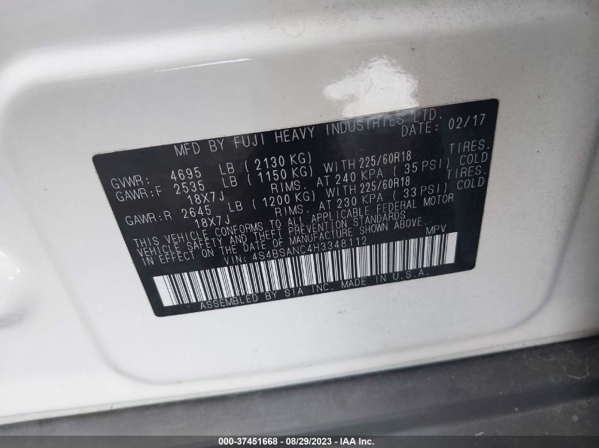 2017 SUBARU OUTBACK LIMITED - 4S4BSANC4H3348112