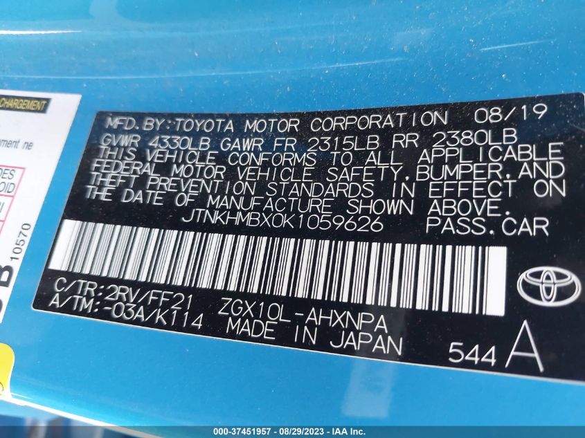 2019 TOYOTA C-HR XLE/LE/LIMITED - JTNKHMBX0K1059626