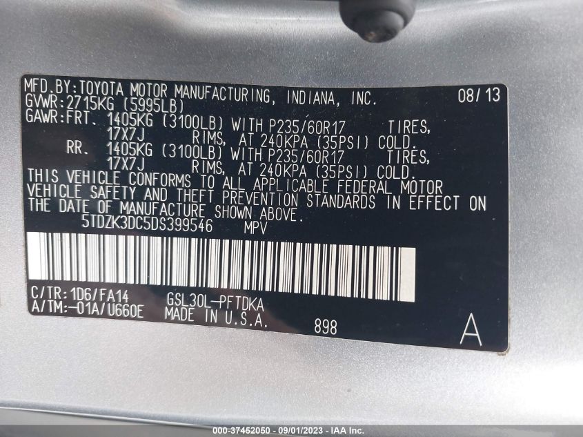 5TDZK3DC5DS399546 2013 TOYOTA SIENNA, photo no. 9