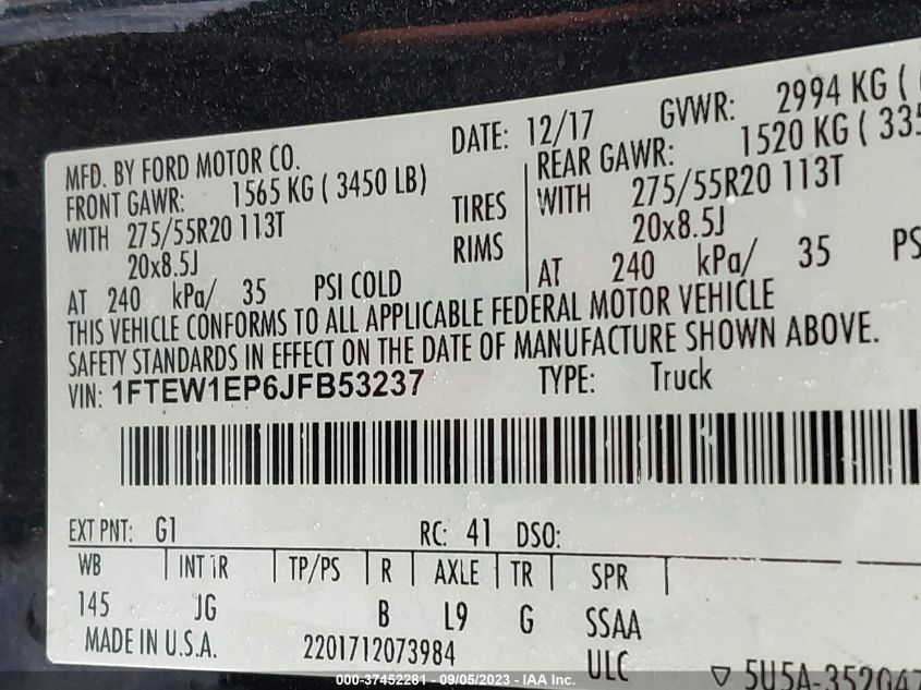 2018 FORD F-150 XL/XLT/LARIAT - 1FTEW1EP6JFB53237