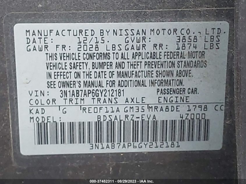 2016 NISSAN SENTRA SR - 3N1AB7AP6GY212181