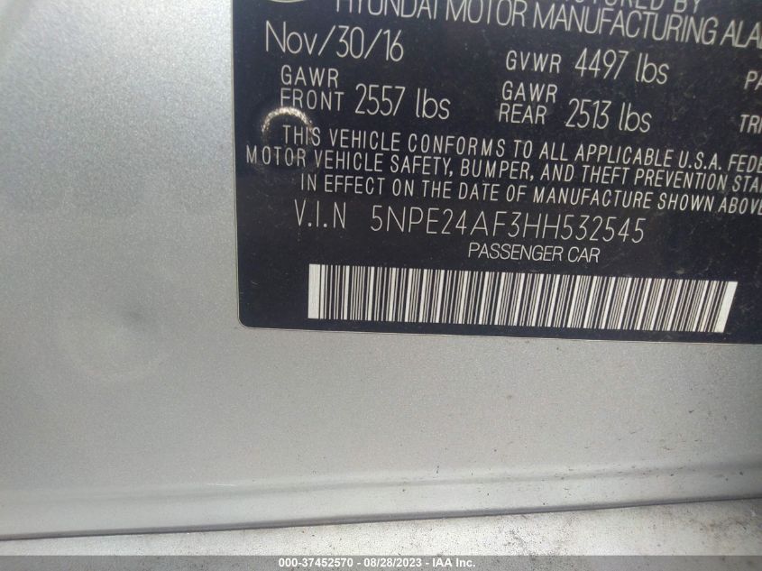2017 HYUNDAI SONATA 2.4L - 5NPE24AF3HH532545