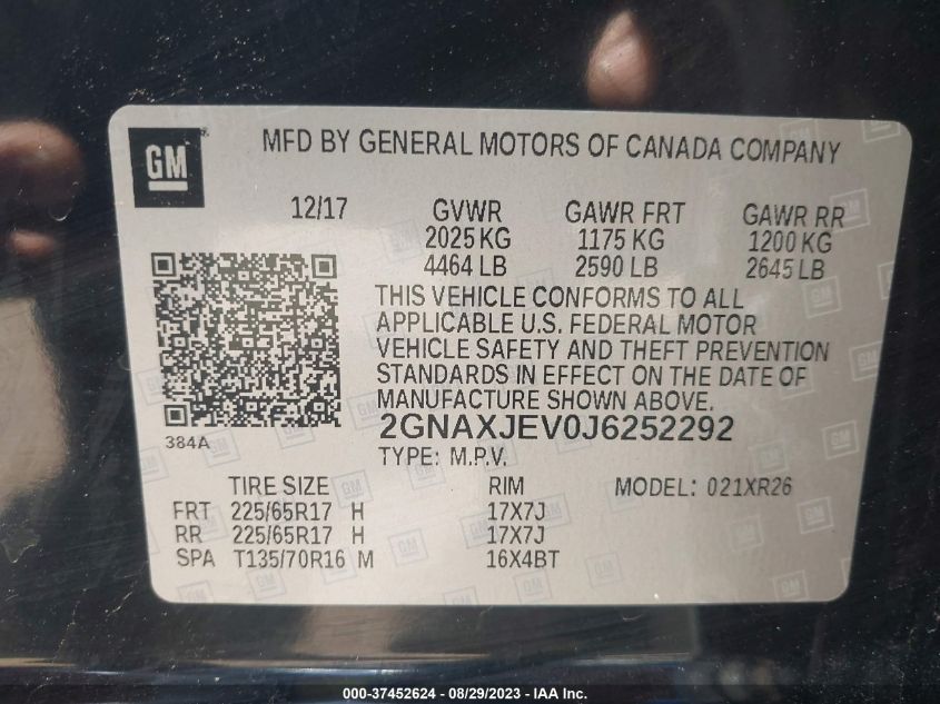 2018 CHEVROLET EQUINOX LT - 2GNAXJEV0J6252292