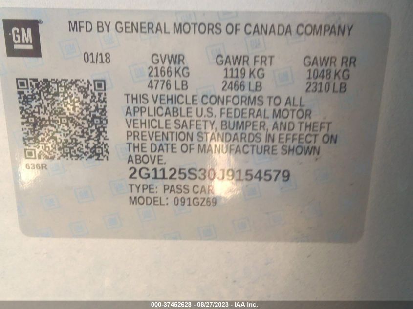 2018 CHEVROLET IMPALA PREMIER - 2G1125S30J9154579
