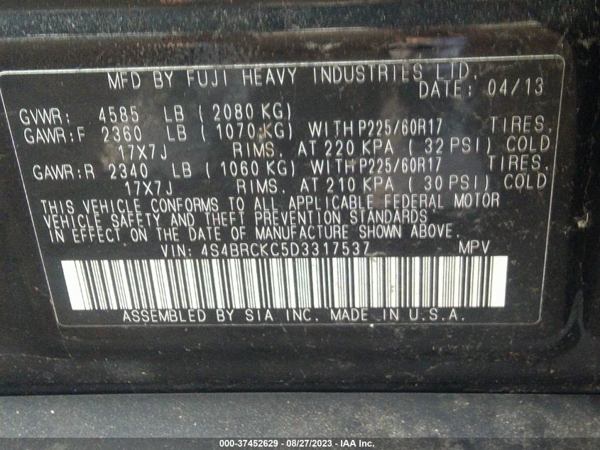 2013 SUBARU OUTBACK 2.5I LIMITED - 4S4BRCKC5D3317537