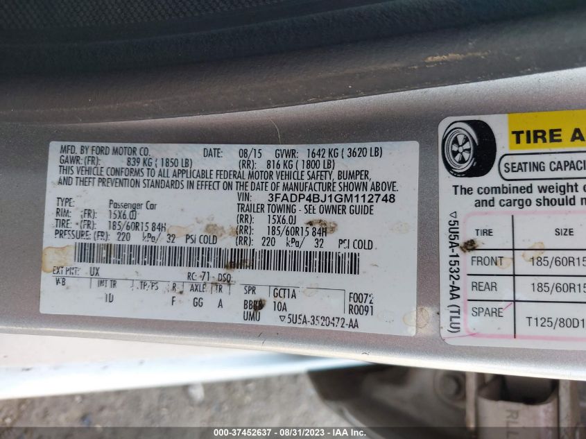 2016 FORD FIESTA SE - 3FADP4BJ1GM112748