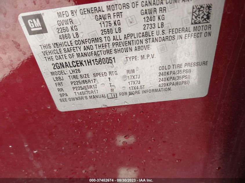 2017 CHEVROLET EQUINOX LT - 2GNALCEK1H1580051