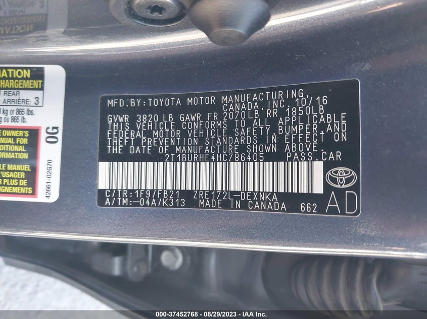 VIN 2T1BURHE4HC786405 2017 TOYOTA COROLLA L/LE/XLE/SE