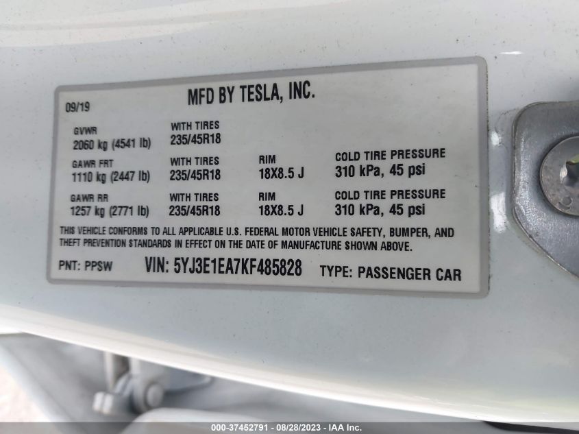 2019 TESLA MODEL 3 RANGE - 5YJ3E1EA7KF485828
