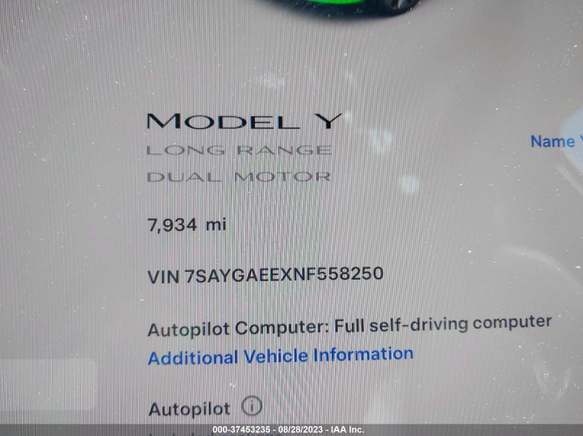 2022 TESLA MODEL Y LONG RANGE - 7SAYGAEEXNF558250
