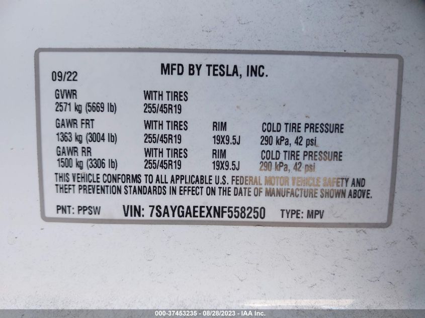 2022 TESLA MODEL Y LONG RANGE - 7SAYGAEEXNF558250