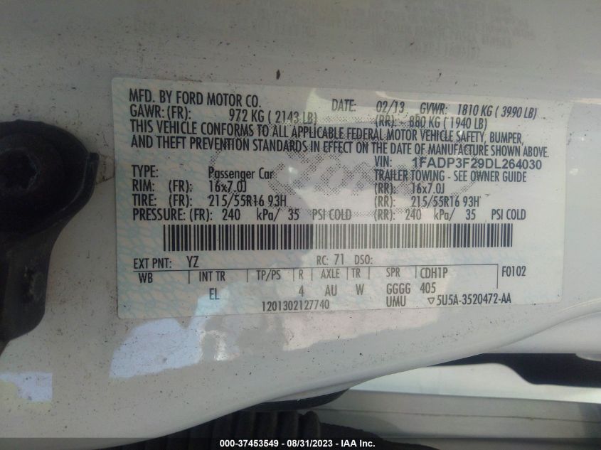 2013 FORD FOCUS SE - 1FADP3F29DL264030