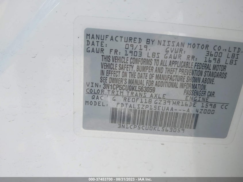 VIN 3N1CP5CU0KL563059 2019 NISSAN KICKS SV