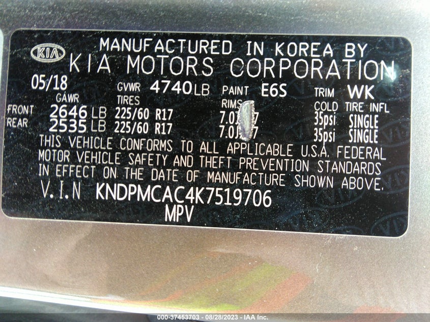 VIN KNDPMCAC4K7519706 2019 KIA SPORTAGE LX