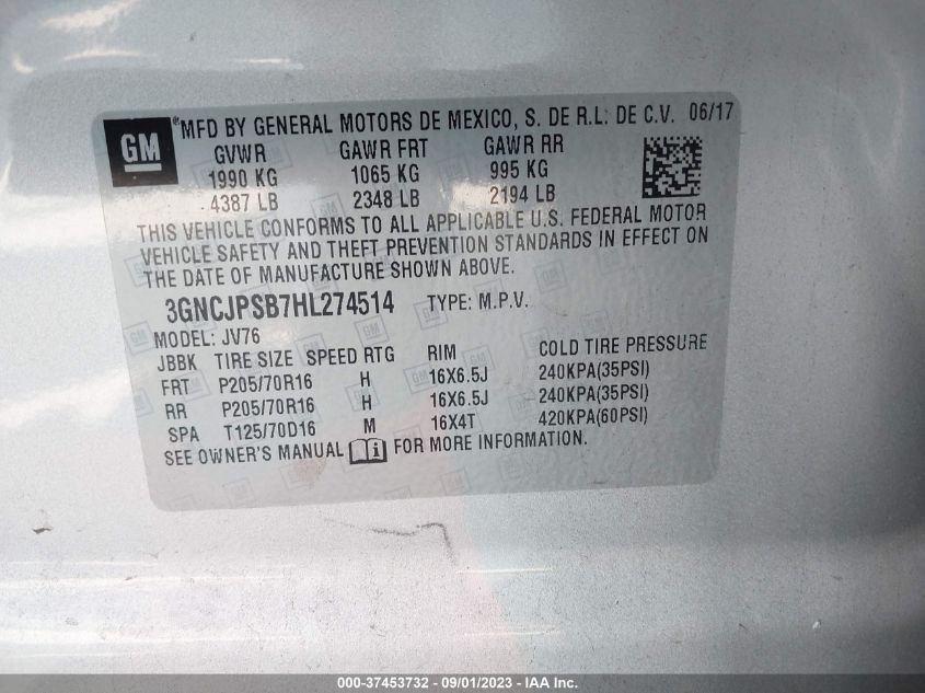 2017 CHEVROLET TRAX LT - 3GNCJPSB7HL274514
