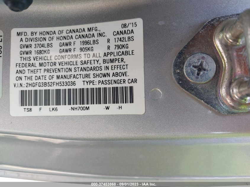 2015 HONDA CIVIC COUPE LX 2HGFG3B52FH533036