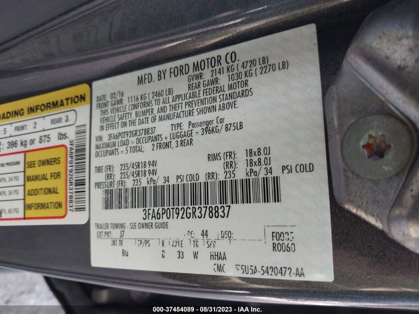 2016 FORD FUSION SE - 3FA6P0T92GR378837