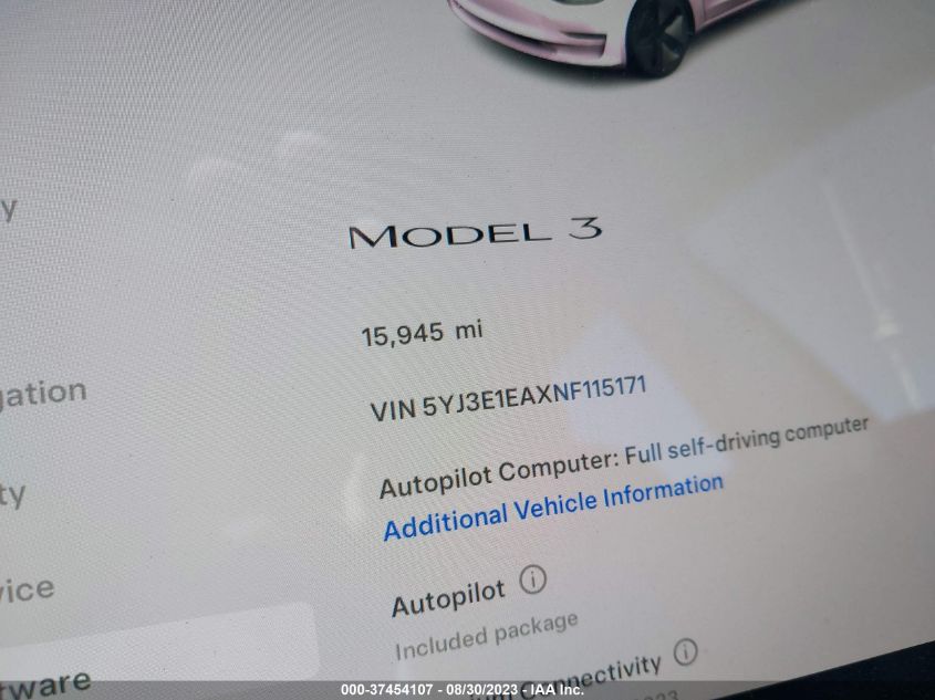 2022 TESLA MODEL 3 - 5YJ3E1EAXNF115171