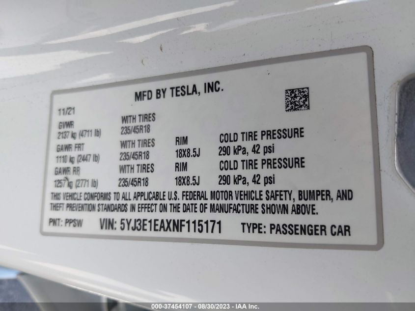 2022 TESLA MODEL 3 - 5YJ3E1EAXNF115171