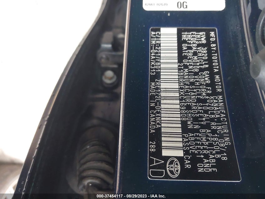VIN 2T1BURHEXKC169808 2019 TOYOTA COROLLA L/LE/XLE/SE/XSE