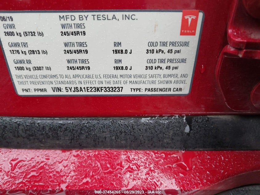 VIN 5YJSA1E23KF333237 2019 TESLA MODEL S