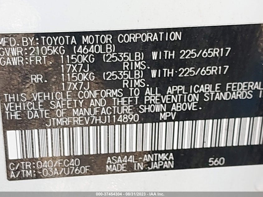 VIN JTMRFREV7HJ114890 2017 TOYOTA RAV4 XLE