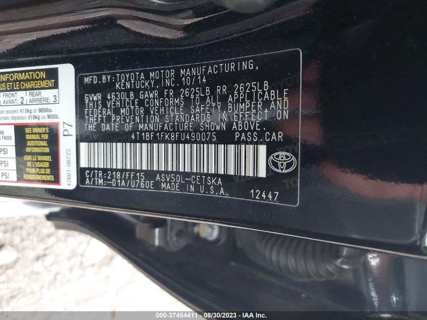 2015 TOYOTA CAMRY XLE/SE/LE/XSE - 4T1BF1FK8FU490075