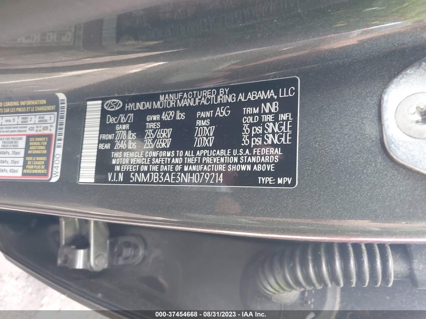 VIN 5NMJB3AE3NH079214 2022 HYUNDAI TUCSON SEL