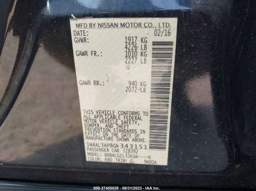 2016 NISSAN ALTIMA 2.5 S - 1N4AL3AP8GN343151