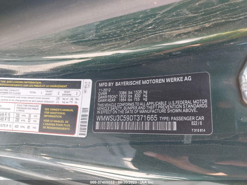 2013 MINI COOPER HARDTOP - WMWSU3C59DT371665