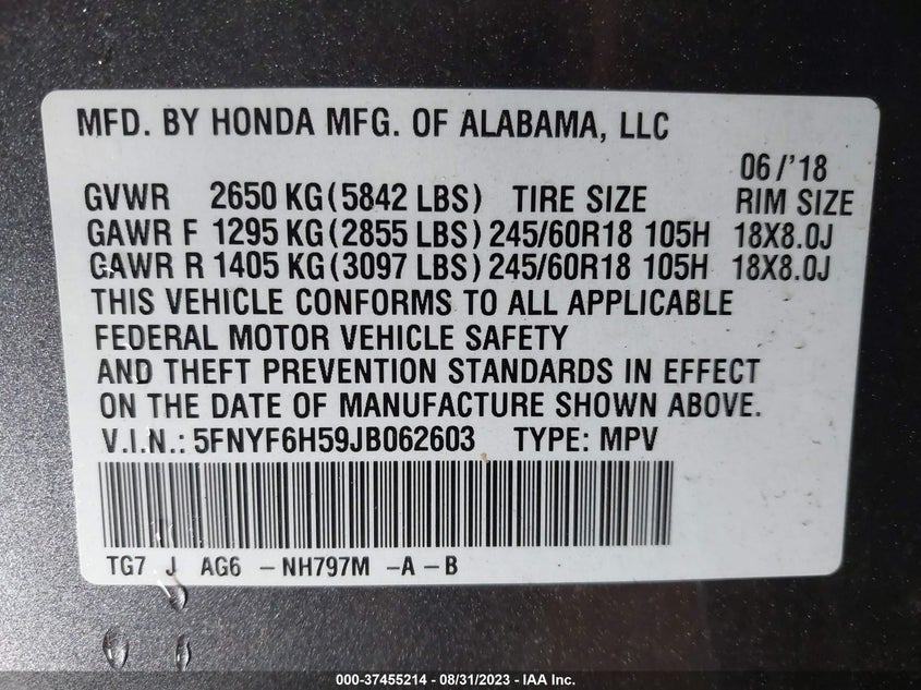 VIN 5FNYF6H59JB062603 2018 HONDA PILOT EX-L